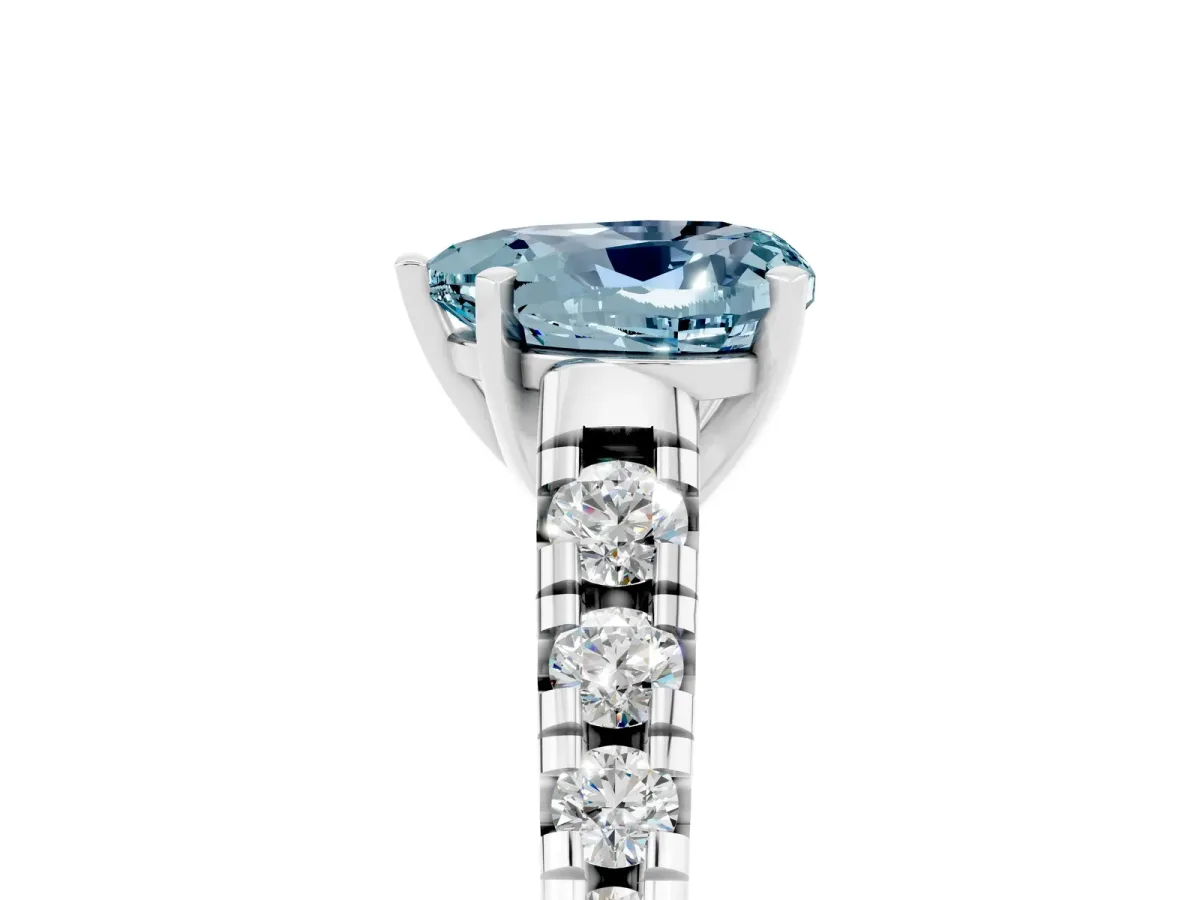 Heart Cut Aquamarine Cathedral Solitaire Ring with Round Pavé Band Silver