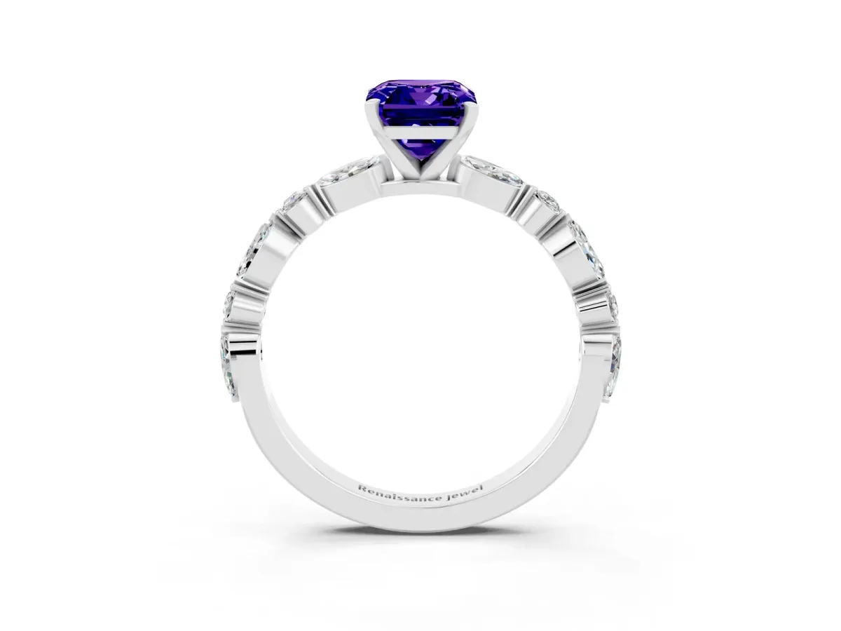 Emerald Cut Tanzanite Ring with Marquise and Round Side Stones and Four-Prong Setting Silver