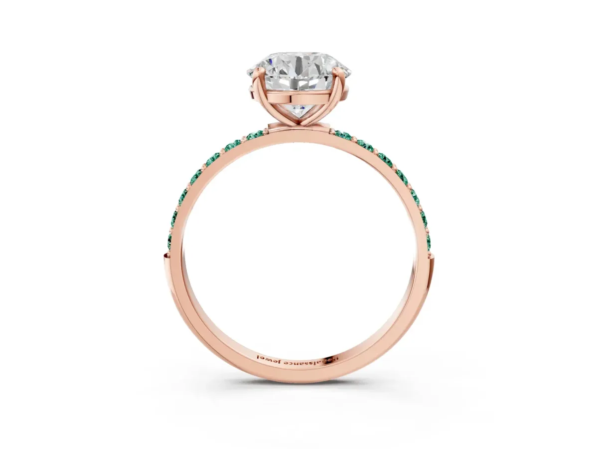 Round Cut Diamond Solitaire Ring with Round Green Sapphire Pavé Band and Prong Setting Rose gold