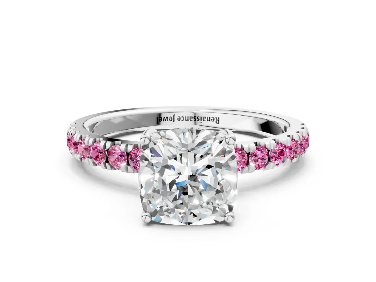 Cushion Cut Diamond Pave Band Solitaire Ring with Round Pink Sapphire and Prong Setting Platinum