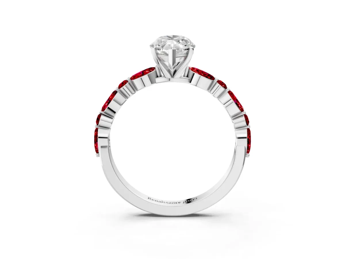 Marquise Cut Diamond Ring with Marquise and Round Ruby Side Stones and Four-Prong Setting White gold