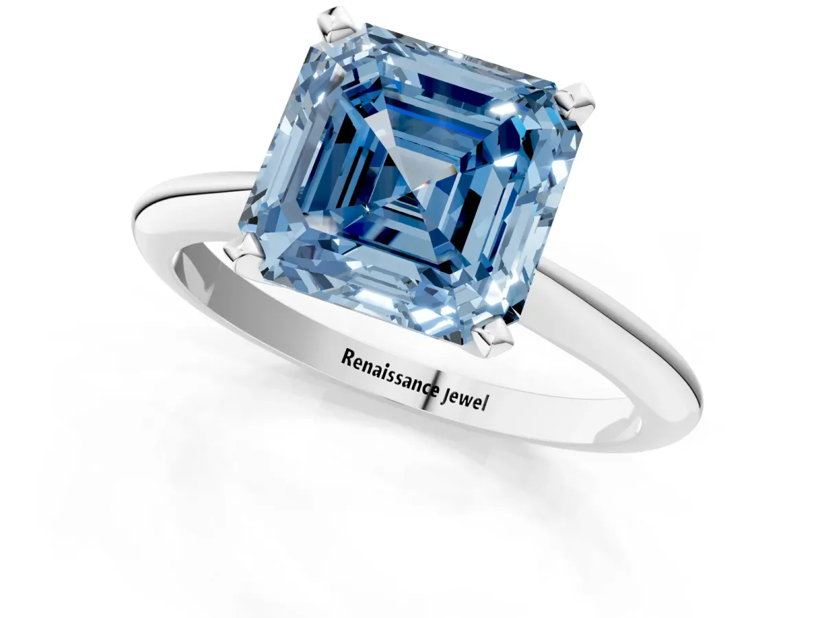 Fancy Blue Asscher Cut Diamond Solitaire Engagement Ring with Classic Band and Four-Prong Setting Platinum