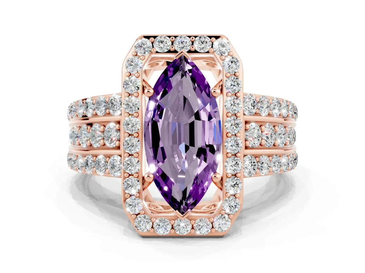 Marquise Cut Halo Amethyst Ring with Round Split Shank and Prong Setting Rose gold