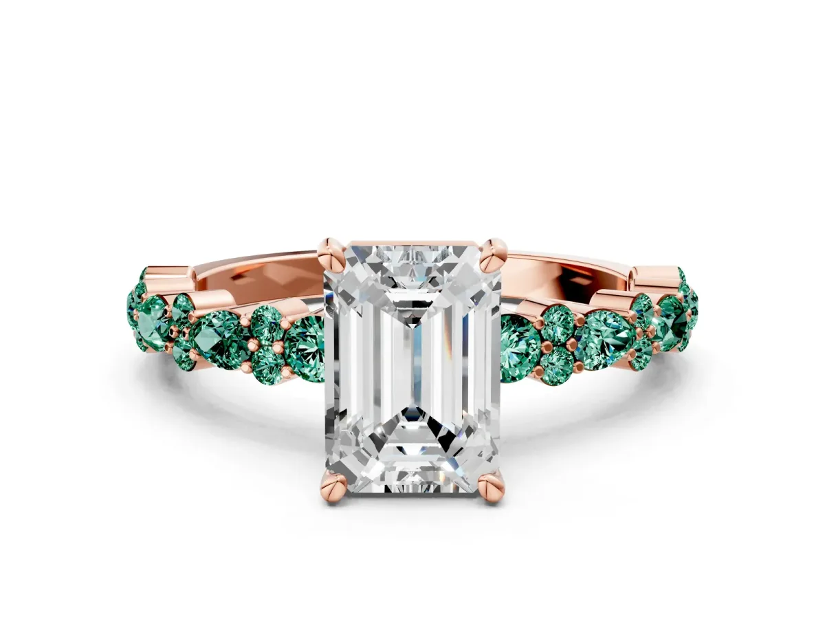 Emerald Cut Diamond Side Stone Solitaire Ring with Round Green Sapphire and Four-Prong Setting Rose gold