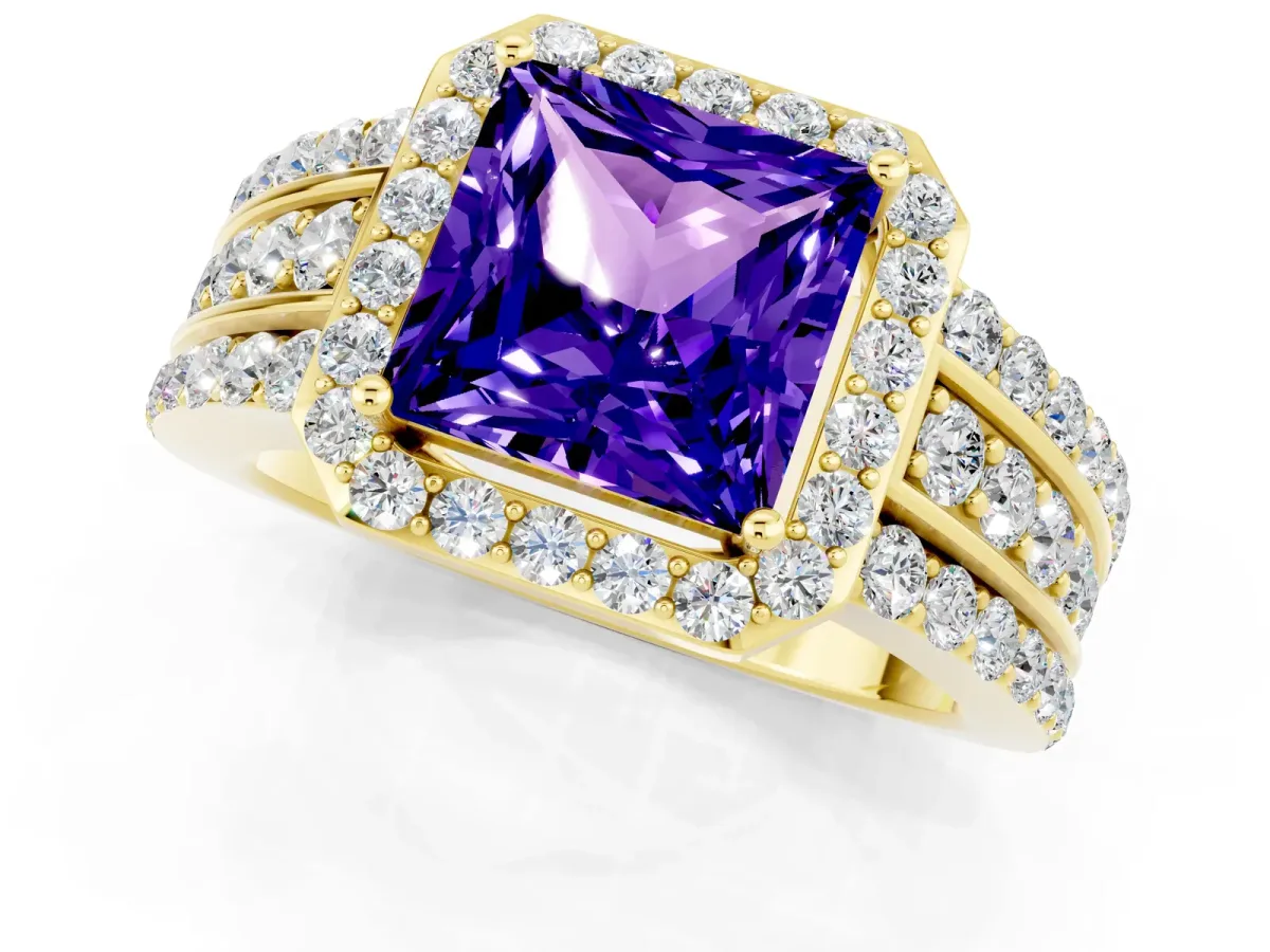 Princess Cut Halo Tanzanite Ring with Round Split Shank and Prong Setting Yellow gold