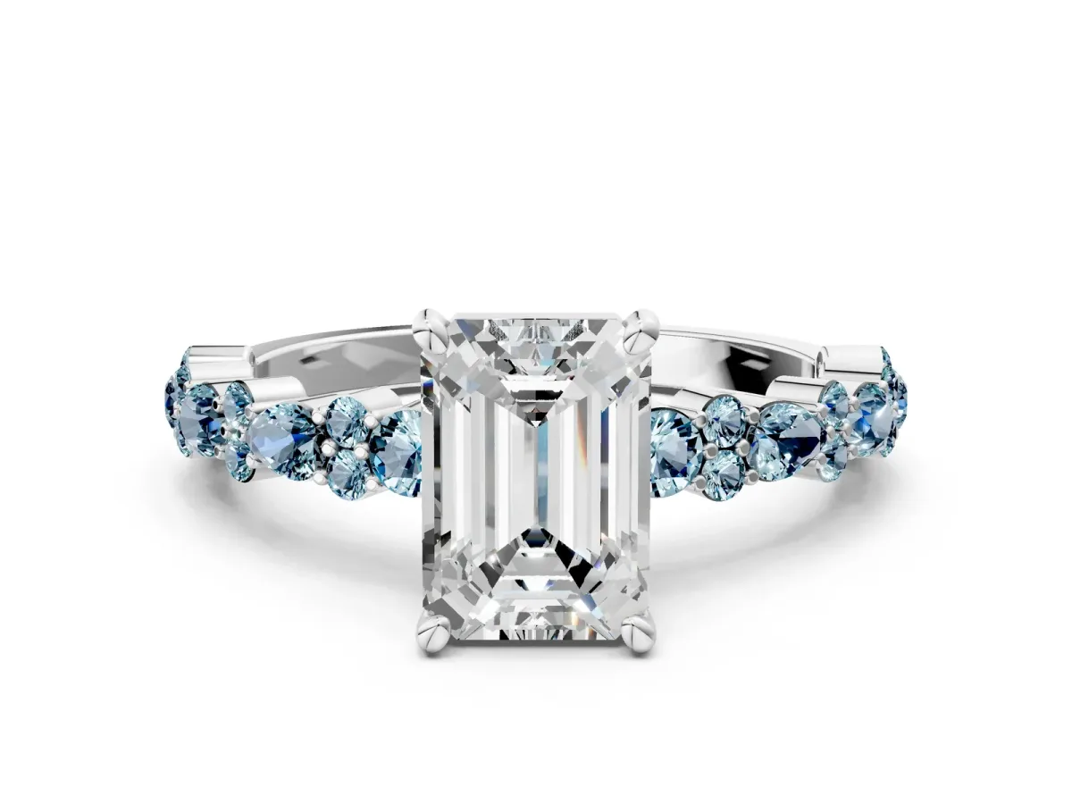 Emerald Cut Diamond Side Stone Solitaire Ring with Round Aquamarine and Four-Prong Setting Platinum