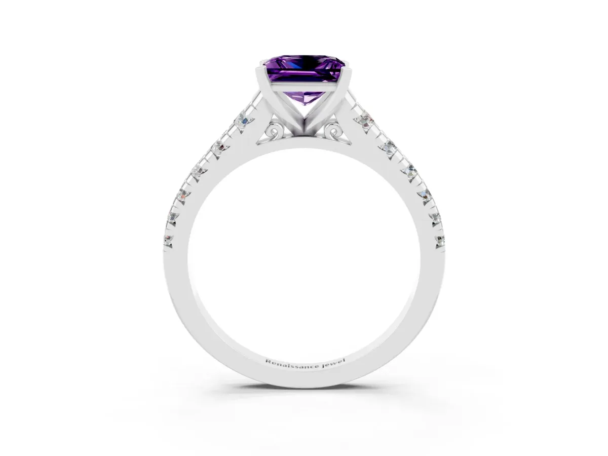 Princess Cut Amethyst Cathedral Solitaire Ring with Round Pavé Band White gold