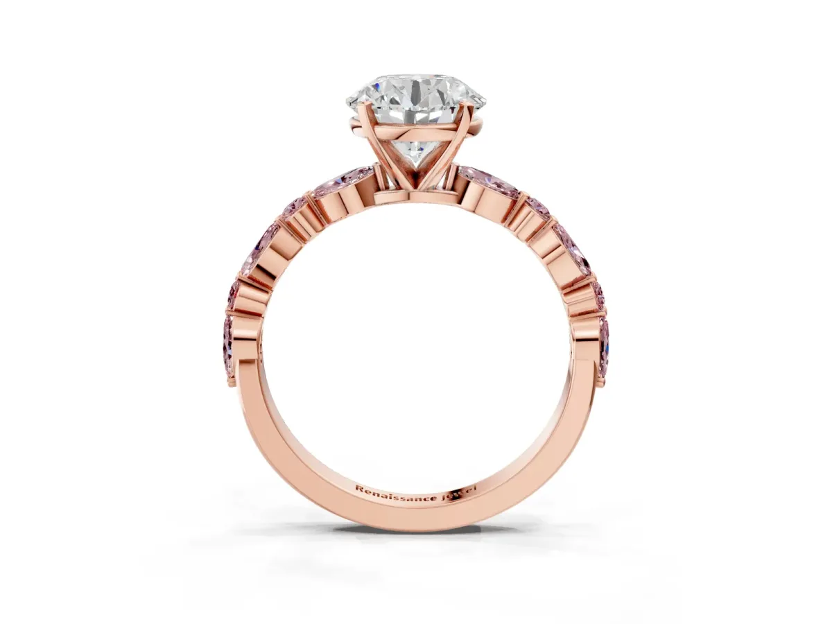 Round Cut Diamond Ring with Marquise and Round Morganite Side Stones and Four-Prong Setting Rose gold