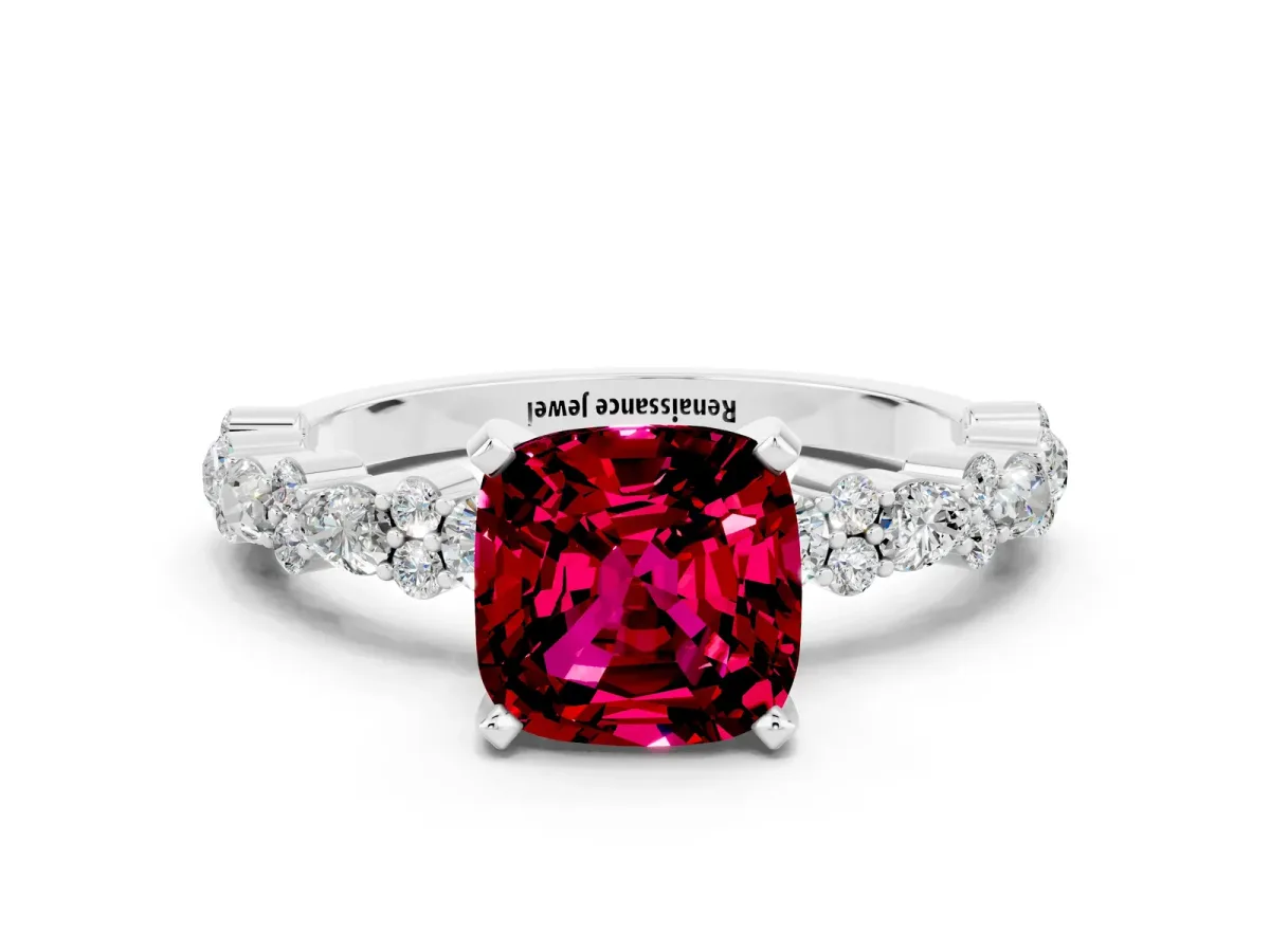 Cushion Cut Garnet Side Stone Solitaire Ring with Round and Four-Prong Setting Silver