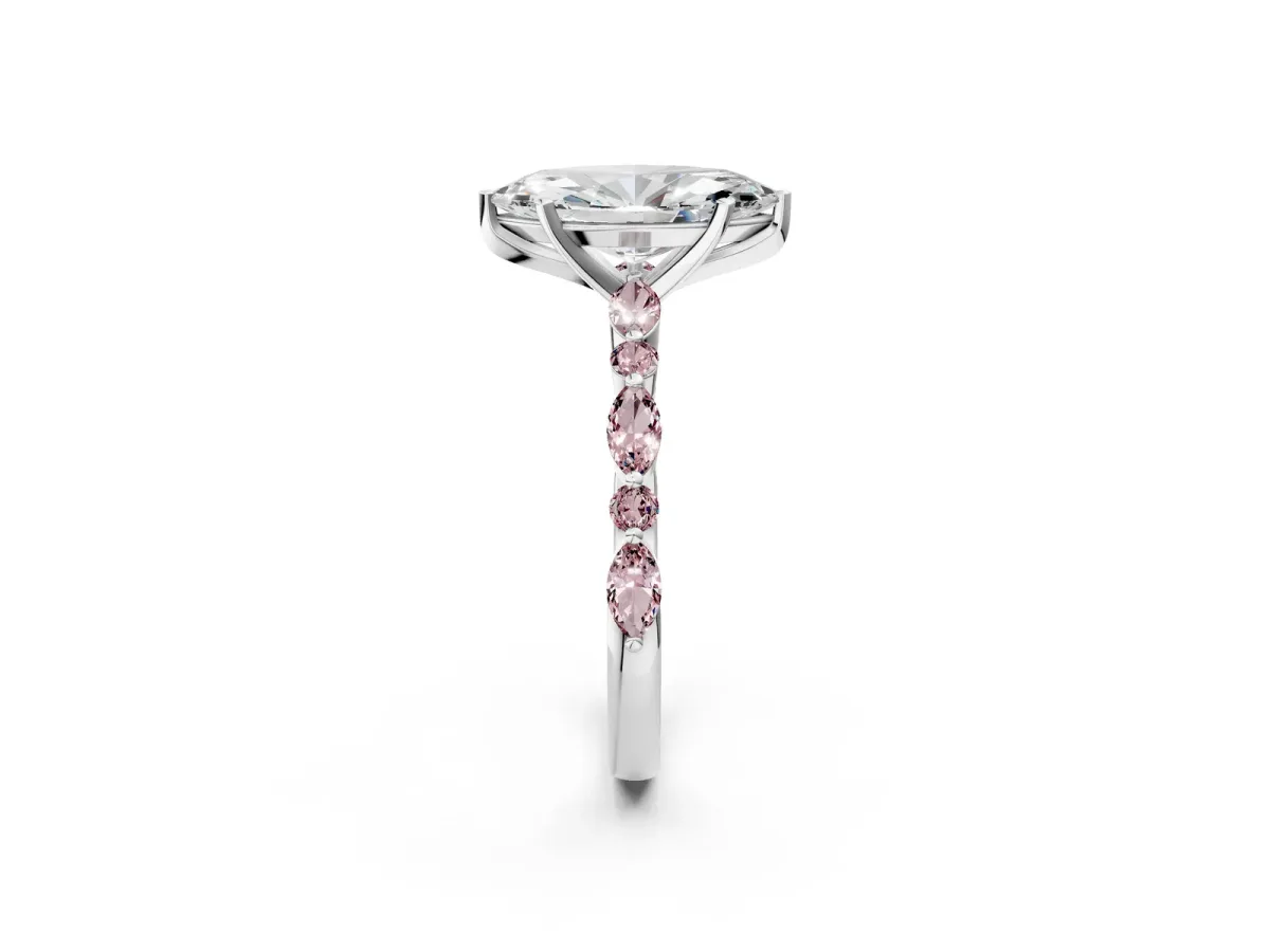 Marquise Cut Diamond Ring with Marquise and Round Morganite Side Stones and Four-Prong Setting Silver