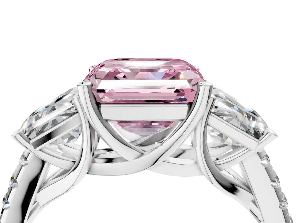 Fancy Pink Three-Stone Asscher Cut Diamond Ring with Round Pavé Band and Prong Setting Platinum