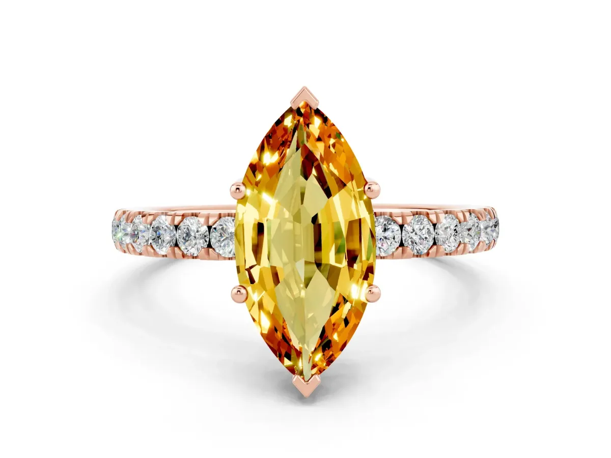 Marquise Cut Citrine Pave Band Solitaire Ring with Round and Prong Setting Rose gold
