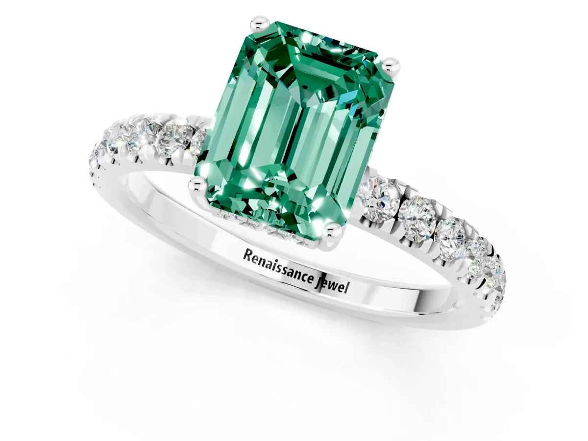 Emerald Cut Green Sapphire Pave Band Solitaire Ring with Round and Prong Setting Platinum