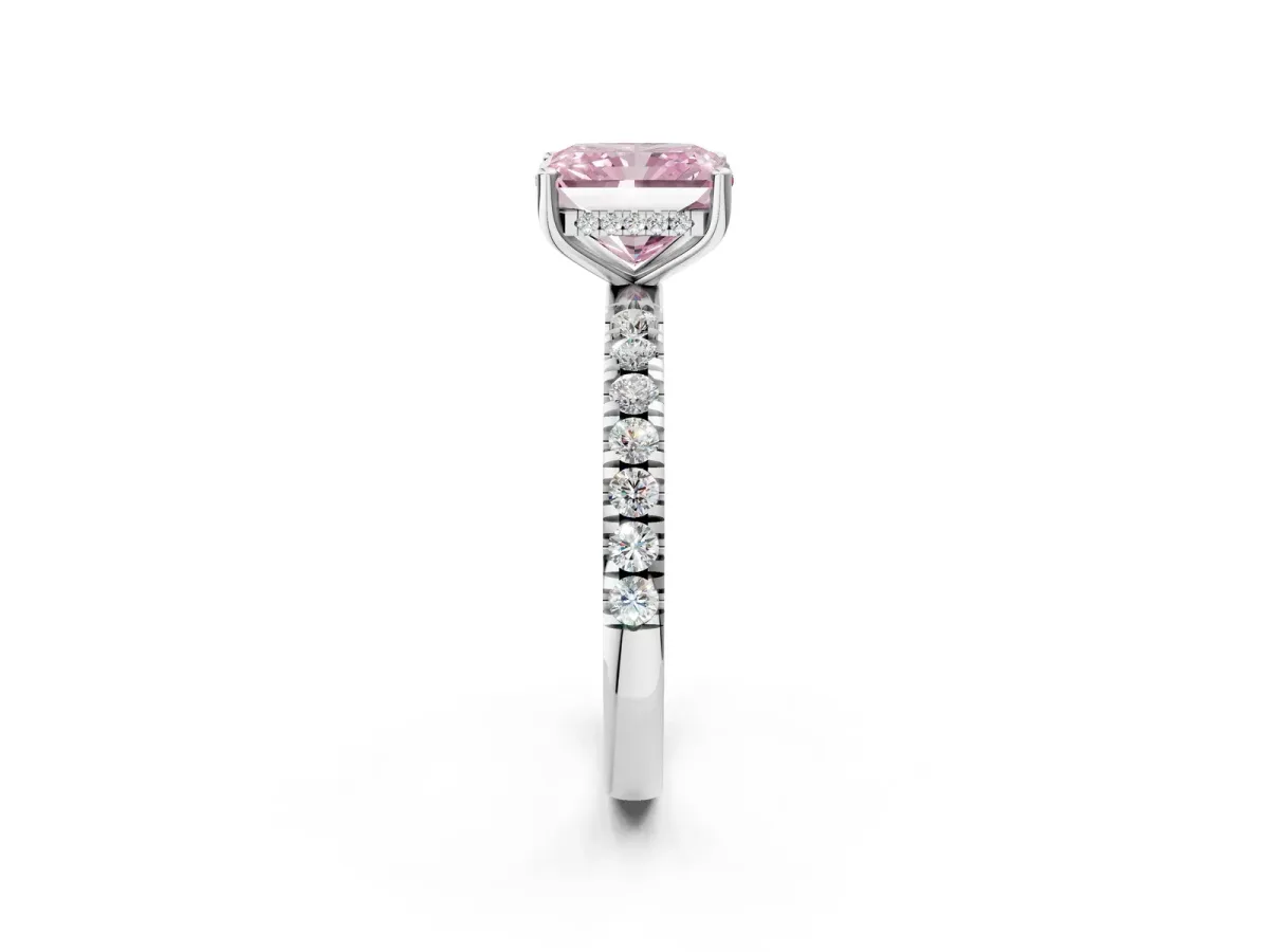 Fancy Pink Radiant Cut Diamond Pave Band Solitaire Ring with Round and Prong Setting Platinum
