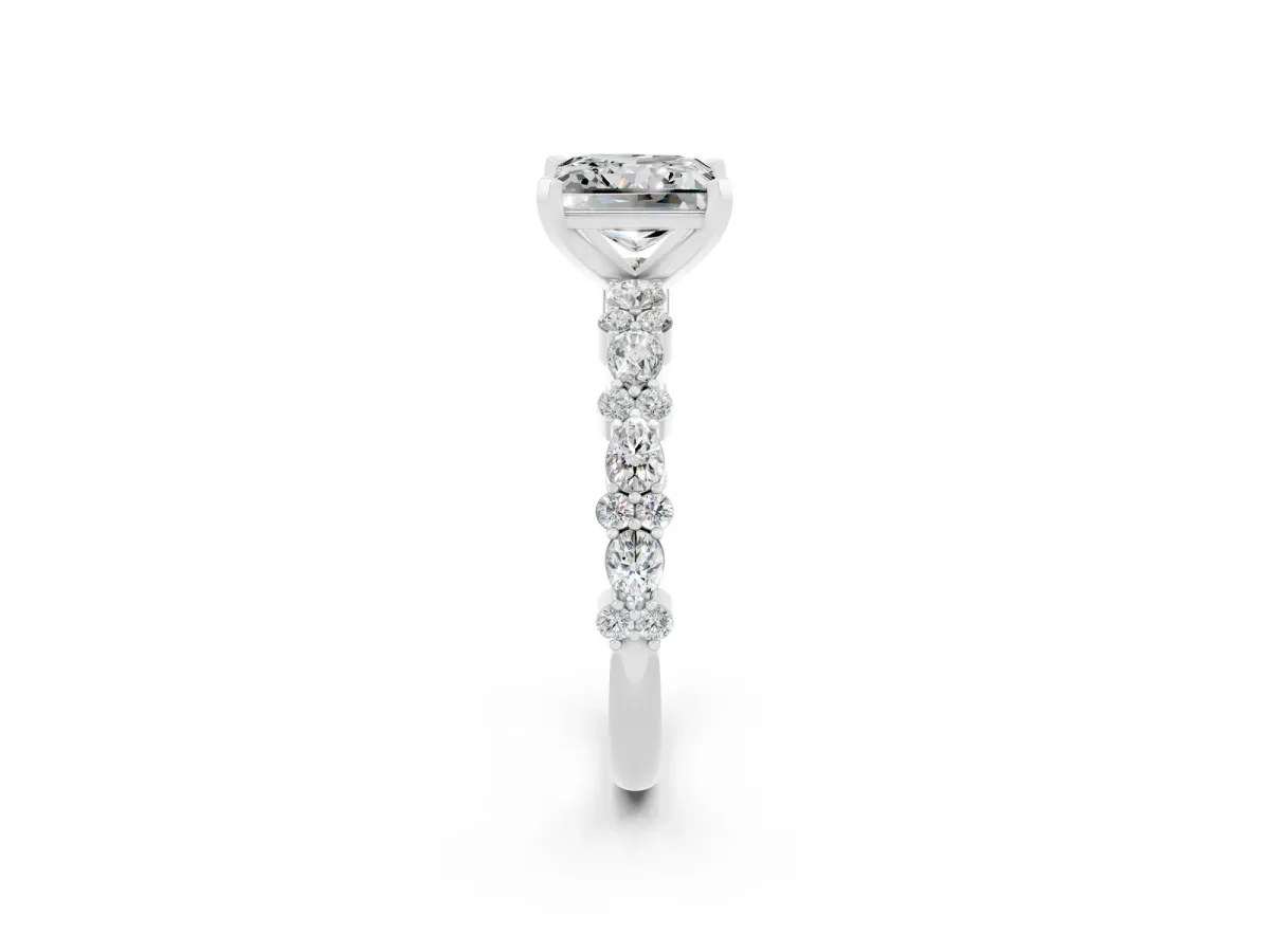 Princess Cut Moissanite Side Stone Solitaire Ring with Round and Four-Prong Setting Silver
