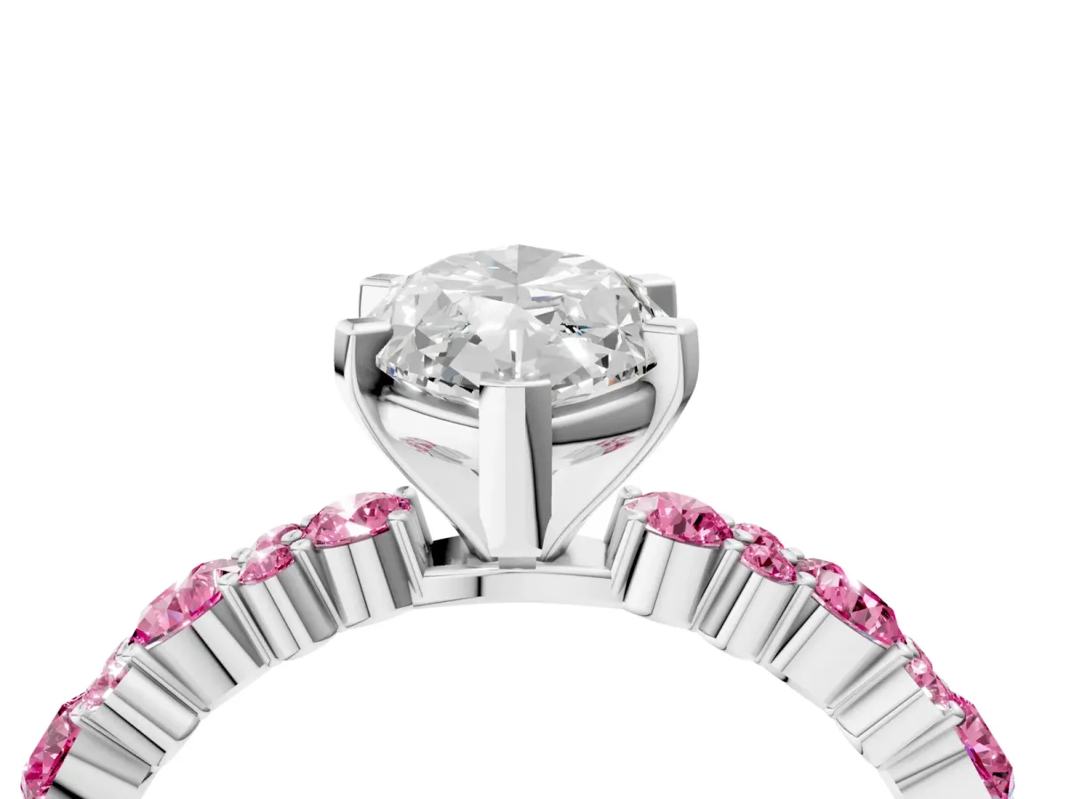 Marquise Cut Diamond Side Stone Solitaire Ring with Round Pink Sapphire and Four-Prong Setting Platinum