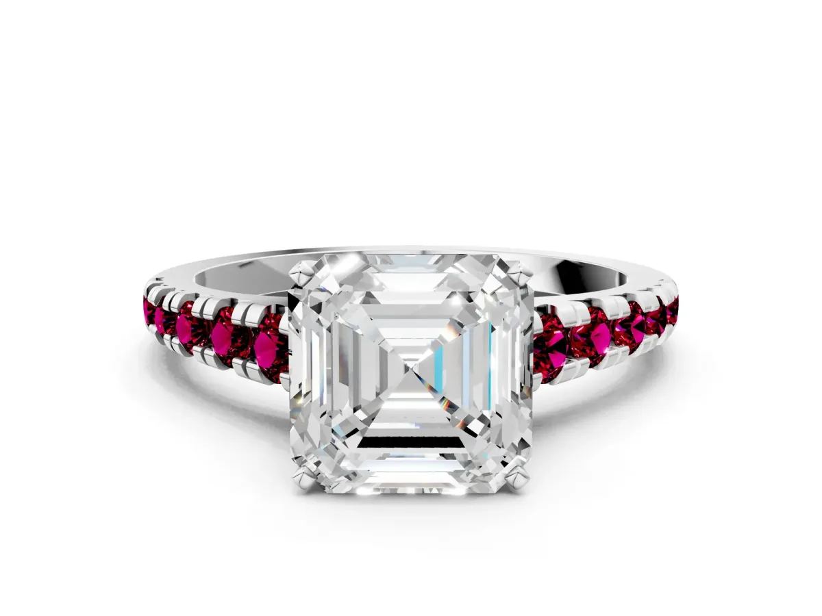 Asscher Cut Diamond Cathedral Solitaire Ring with Round Garnet Pavé Band Platinum