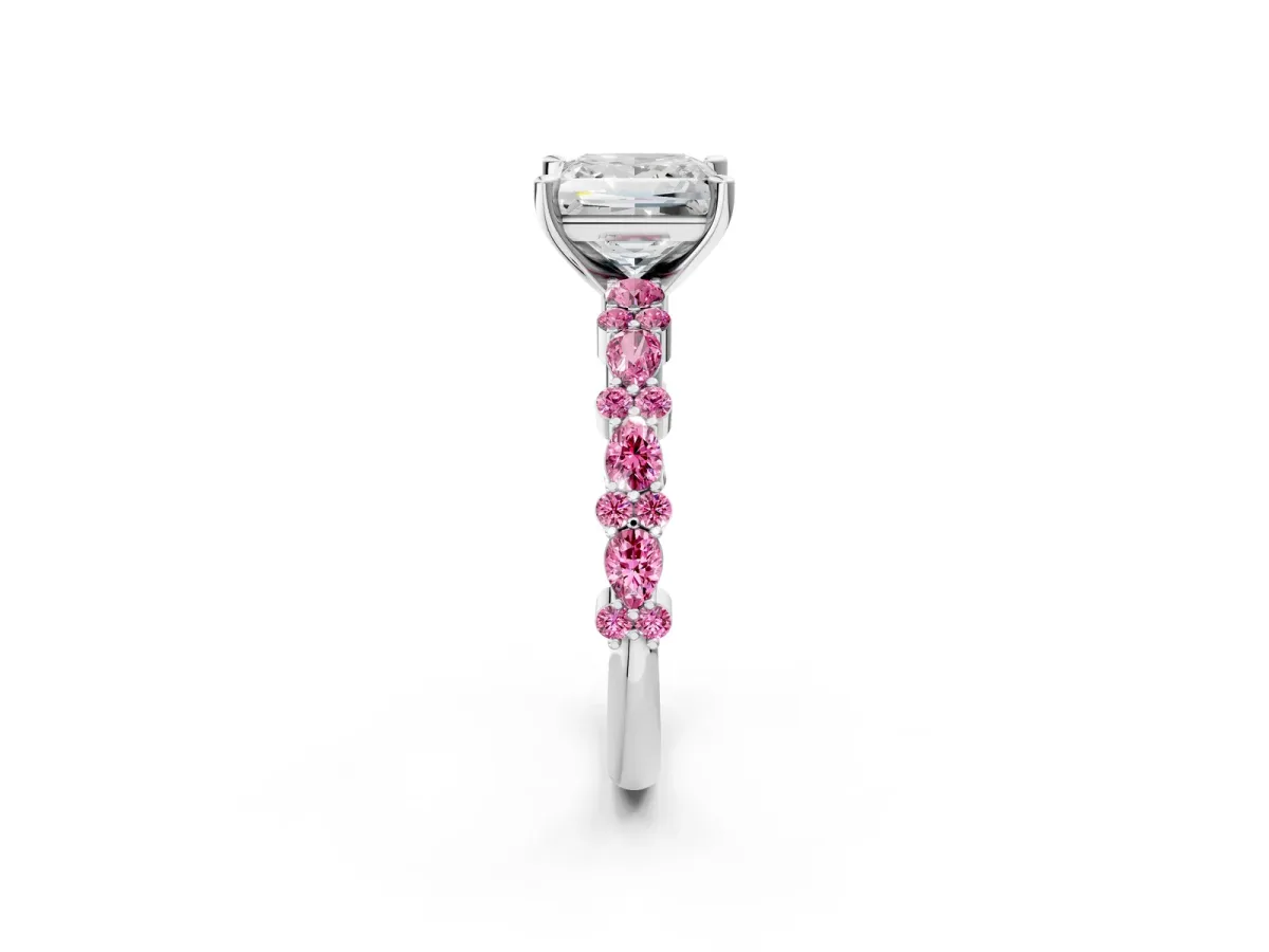 Princess Cut Diamond Side Stone Solitaire Ring with Round Pink Sapphire and Four-Prong Setting Platinum