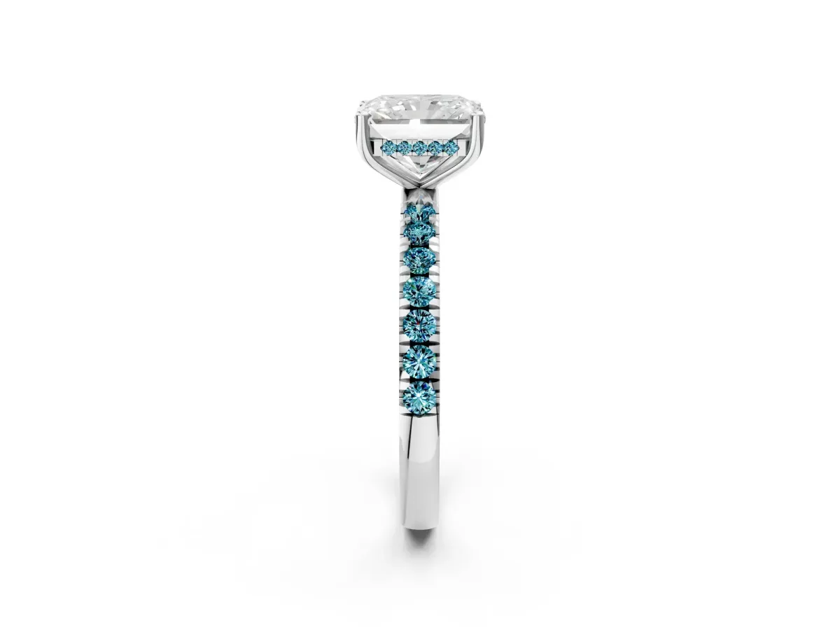 Radiant Cut Diamond Pave Band Solitaire Ring with Round Blue Topaz and Prong Setting Platinum