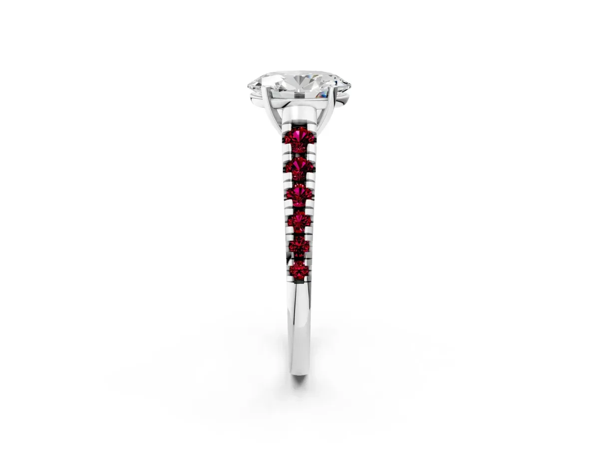 Oval Cut Diamond Cathedral Solitaire Ring with Round Garnet Pavé Band Platinum