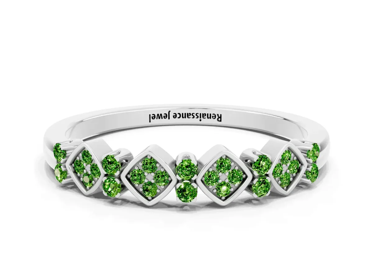 Pavé Cushion Peridot Cluster Eternity Band with Prong Setting White gold