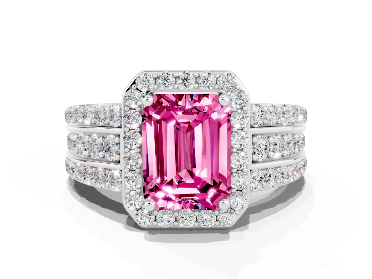 Emerald Cut Halo Pink Sapphire Ring with Round Split Shank and Prong Setting White gold