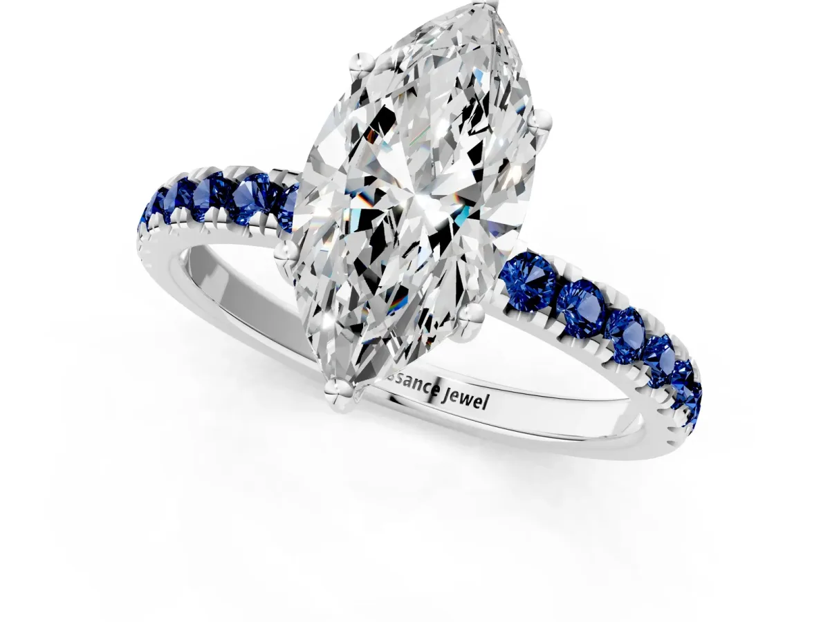 Marquise Cut Diamond Pave Band Solitaire Ring with Round Blue Sapphire and Prong Setting White gold
