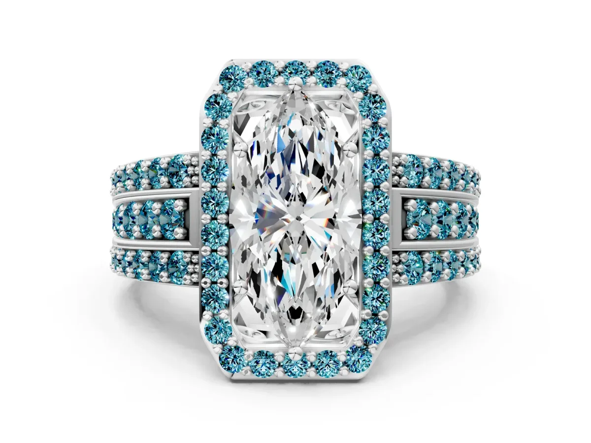 Marquise Cut Halo Diamond Ring with Round Blue Topaz Split Shank and Prong Setting Silver