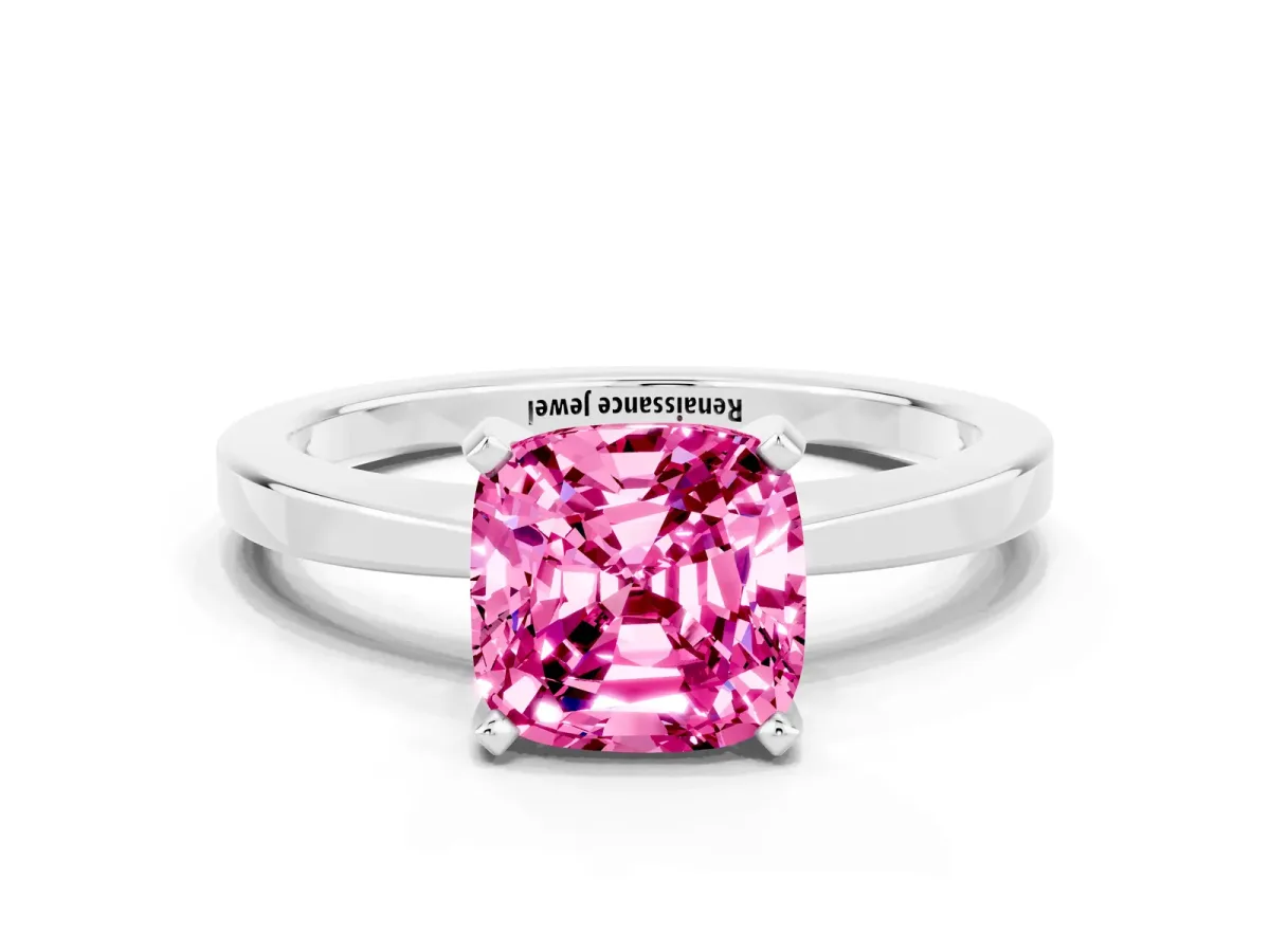 Cushion Cut Pink Sapphire Solitaire Engagement Ring with Classic Band and Four-Prong Setting Silver