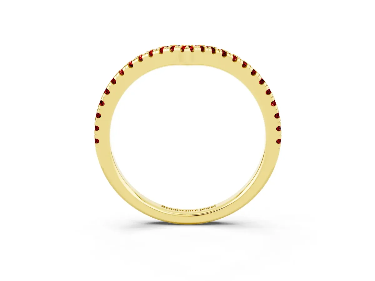 Pavé Round Ruby V-Shaped Chevron Band with Shared Prong Setting Yellow gold