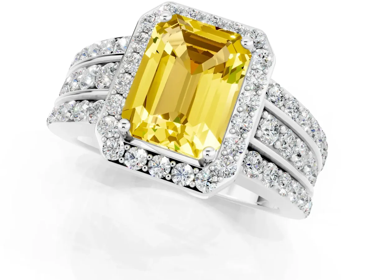 Emerald Cut Halo Yellow Sapphire Ring with Round Split Shank and Prong Setting Silver