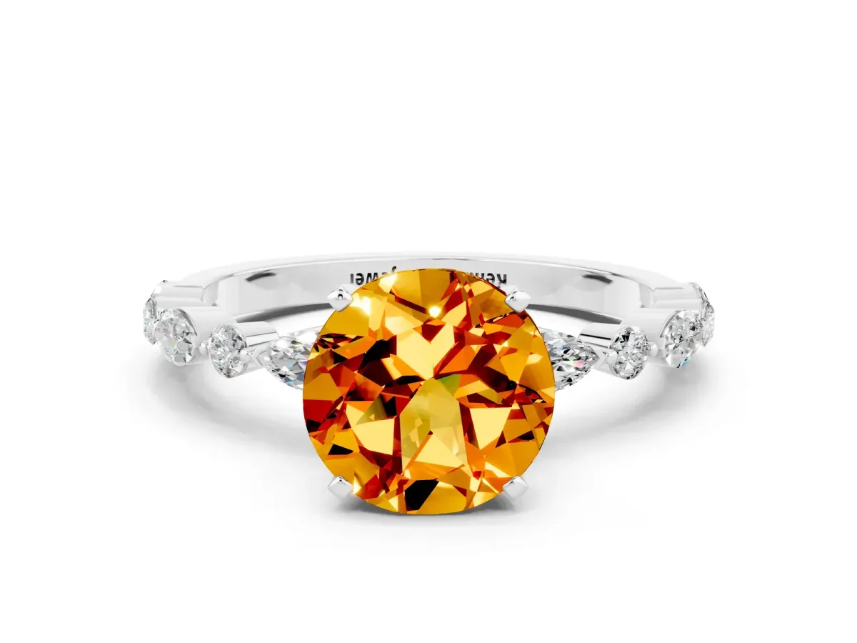 Round Cut Citrine Ring with Marquise and Round Side Stones and Four-Prong Setting Platinum