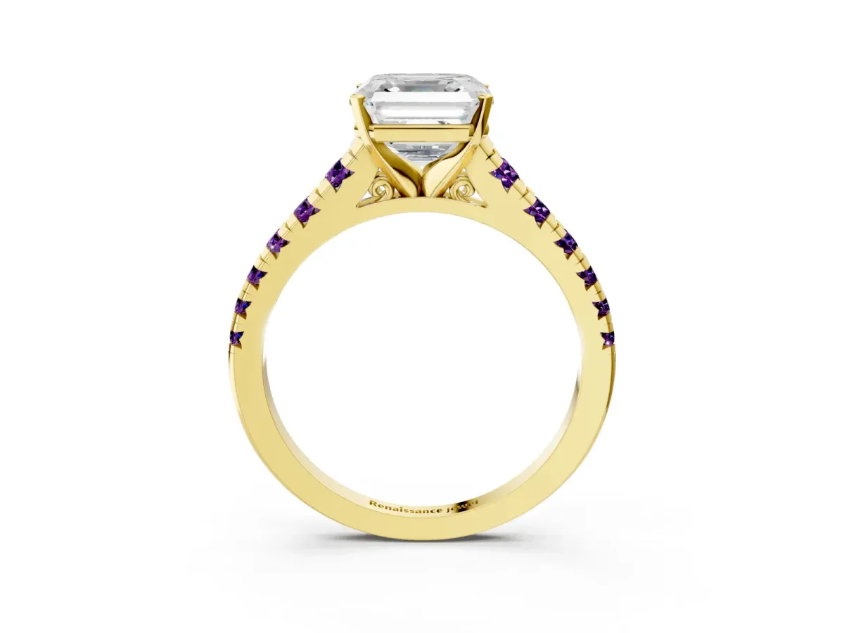 Asscher Cut Diamond Cathedral Solitaire Ring with Round Amethyst Pavé Band Yellow gold