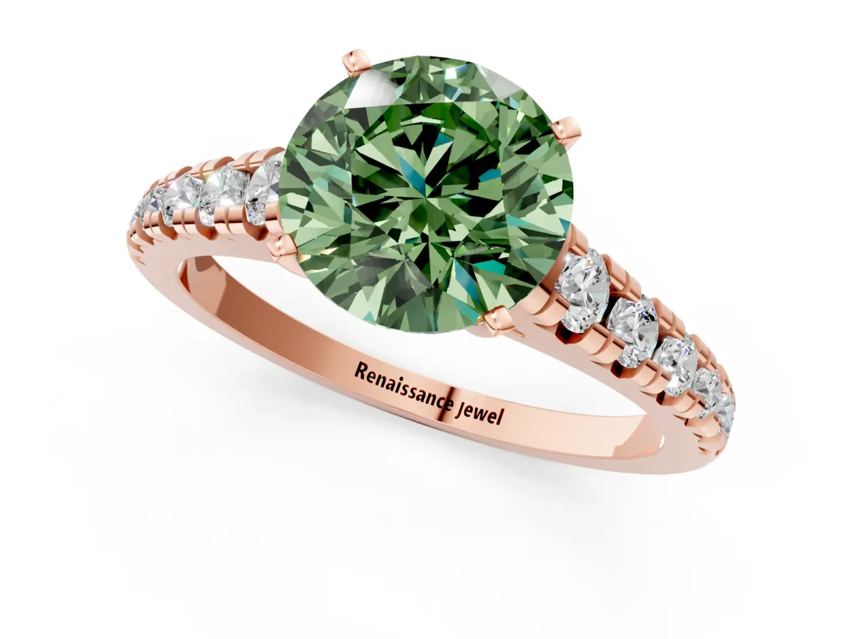 Fancy Green Round Cut Diamond Cathedral Solitaire Ring with Round Pavé Band Rose gold