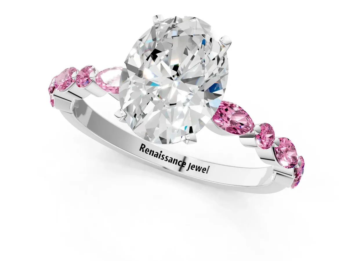 Oval Cut Diamond Ring with Marquise and Round Pink Sapphire Side Stones and Four-Prong Setting Silver