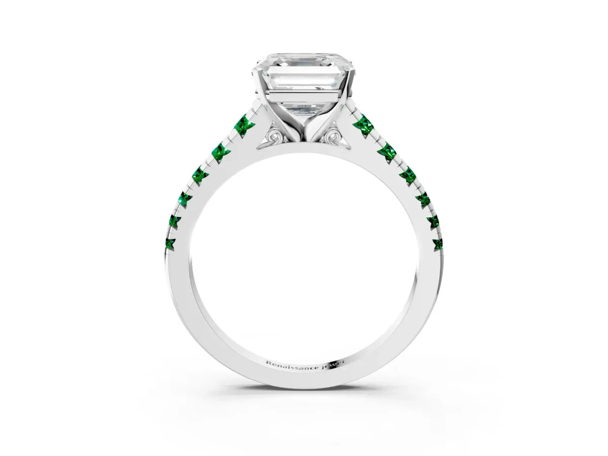 Asscher Cut Diamond Cathedral Solitaire Ring with Round Emerald Pavé Band White gold
