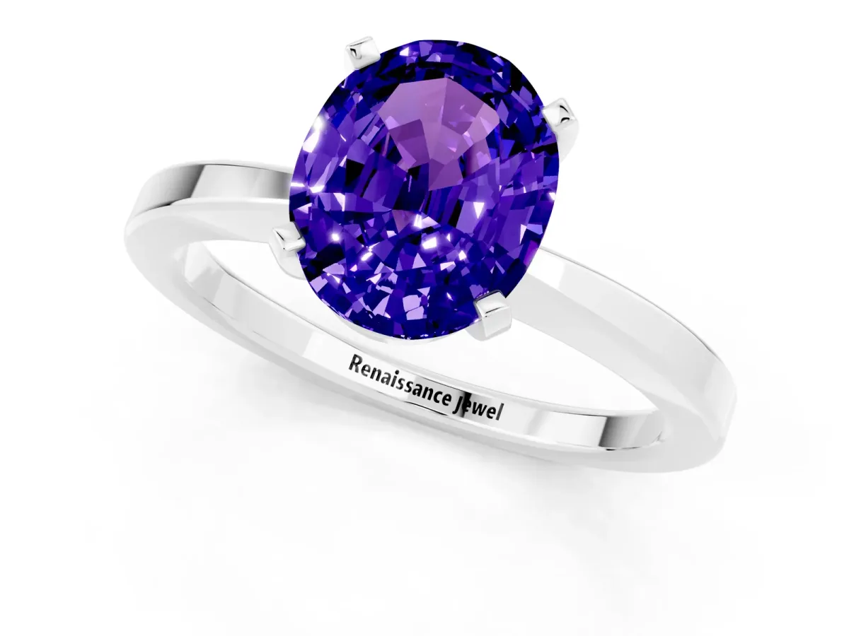 Oval Cut Tanzanite Solitaire Engagement Ring with Classic Band and Four-Prong Setting Platinum