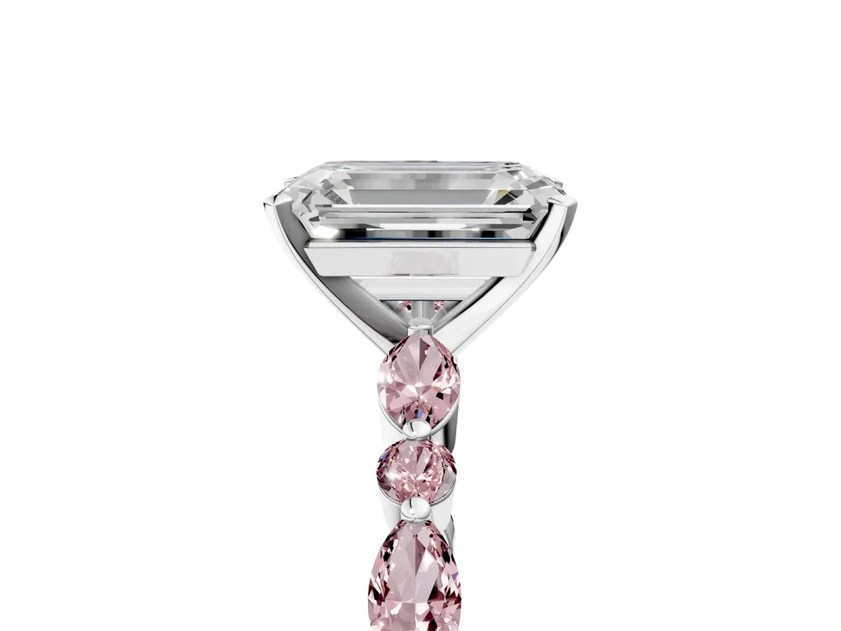 Emerald Cut Diamond Ring with Marquise and Round Morganite Side Stones and Four-Prong Setting Silver