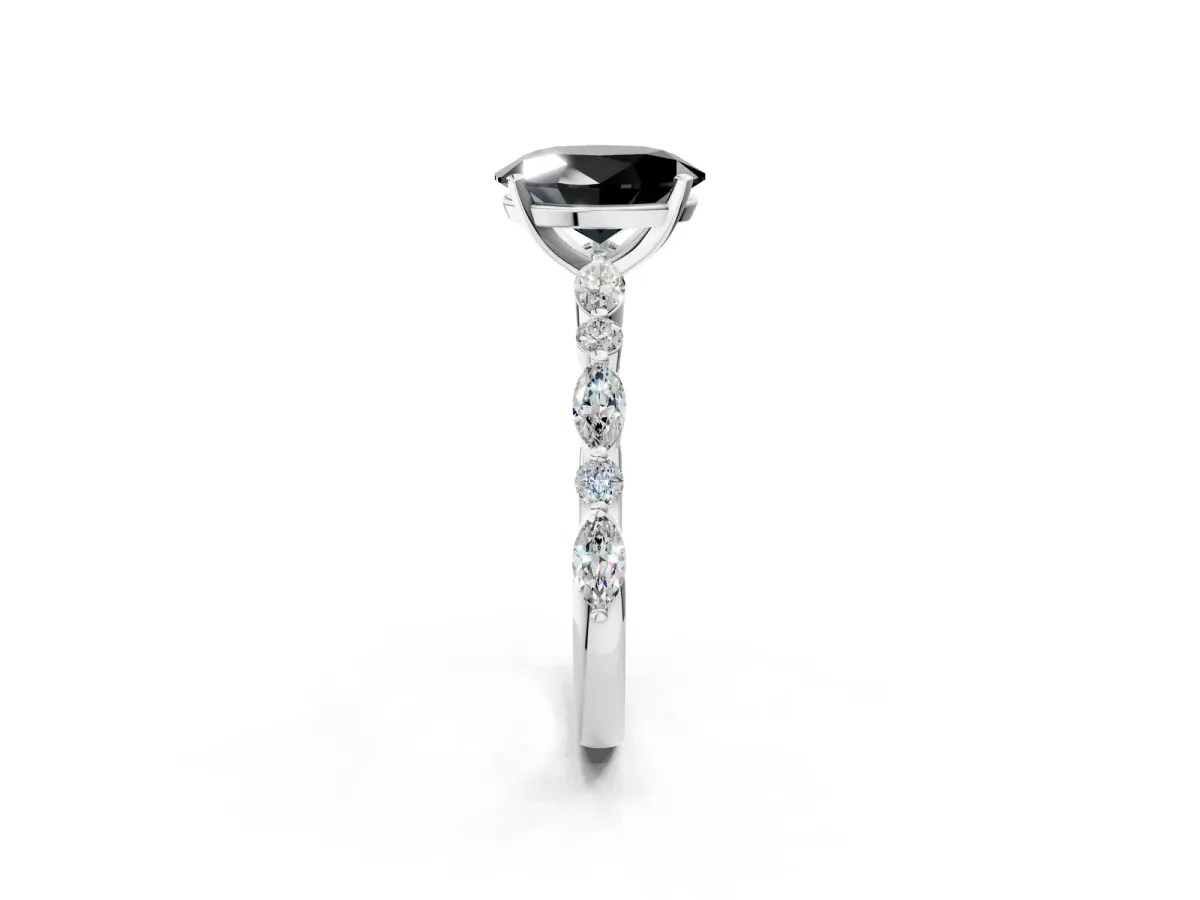 Fancy Black Oval Cut Diamond Ring with Marquise and Round Side Stones and Four-Prong Setting Platinum