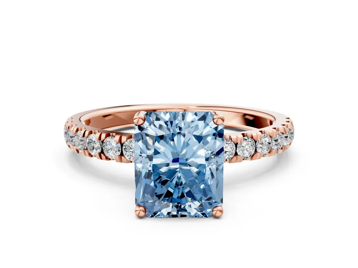 Fancy Blue Radiant Cut Diamond Pave Band Solitaire Ring with Round and Prong Setting Rose gold