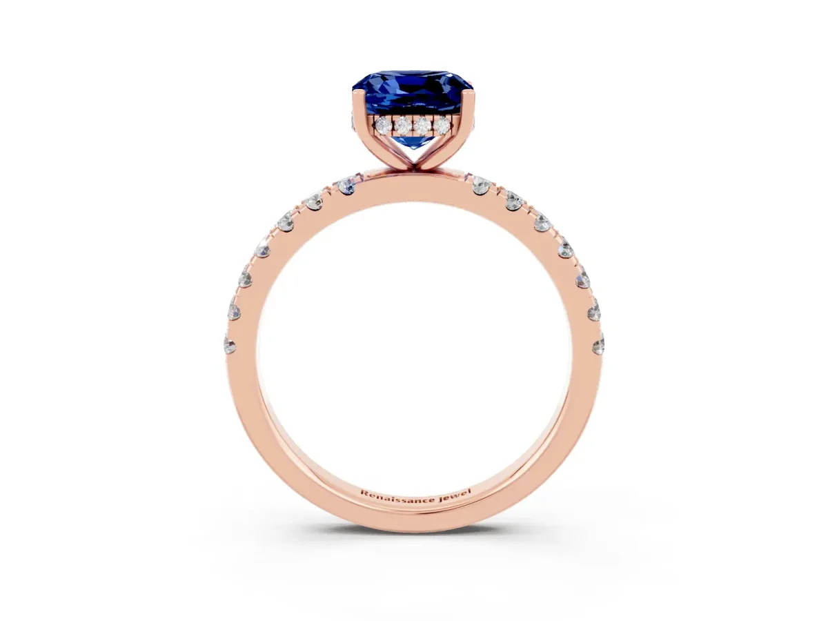 Cushion Cut Blue Sapphire Pave Band Solitaire Ring with Round and Prong Setting Rose gold