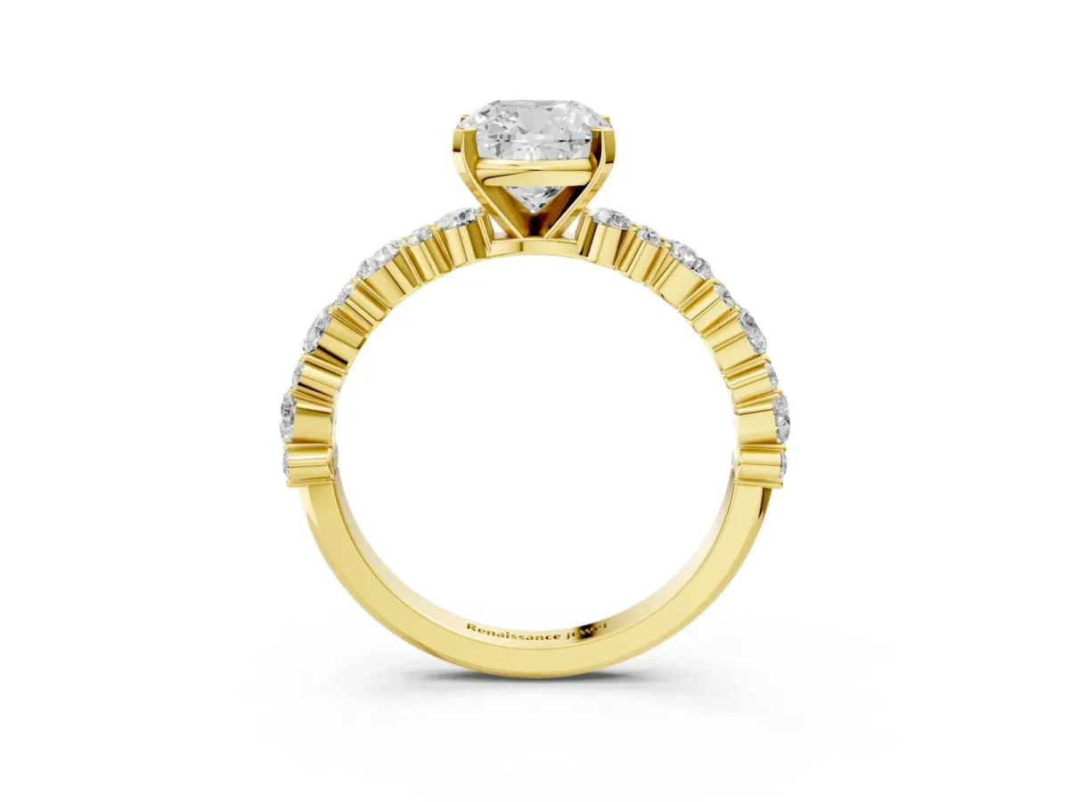 Cushion Cut Diamond Side Stone Solitaire Ring with Round Moissanite and Four-Prong Setting Yellow gold