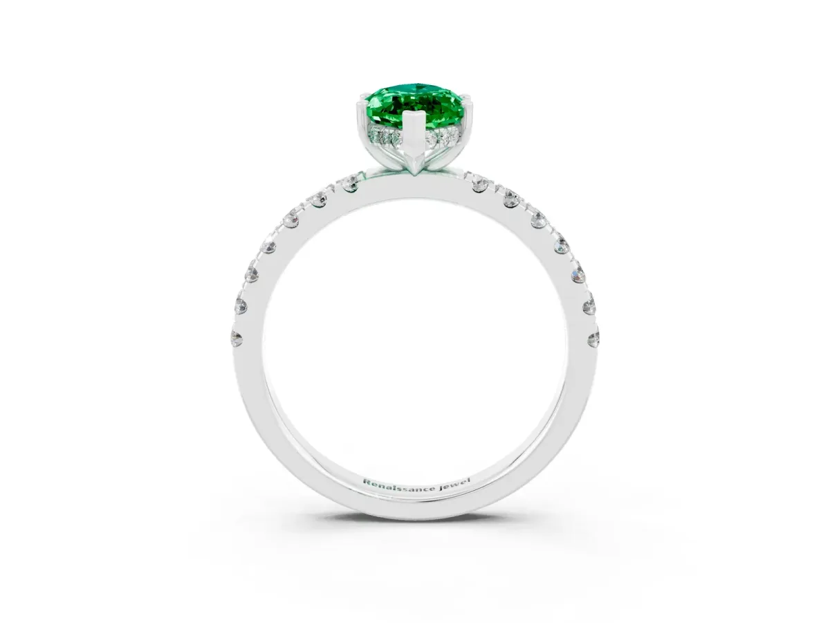 Marquise Cut Emerald Pave Band Solitaire Ring with Round and Prong Setting Platinum