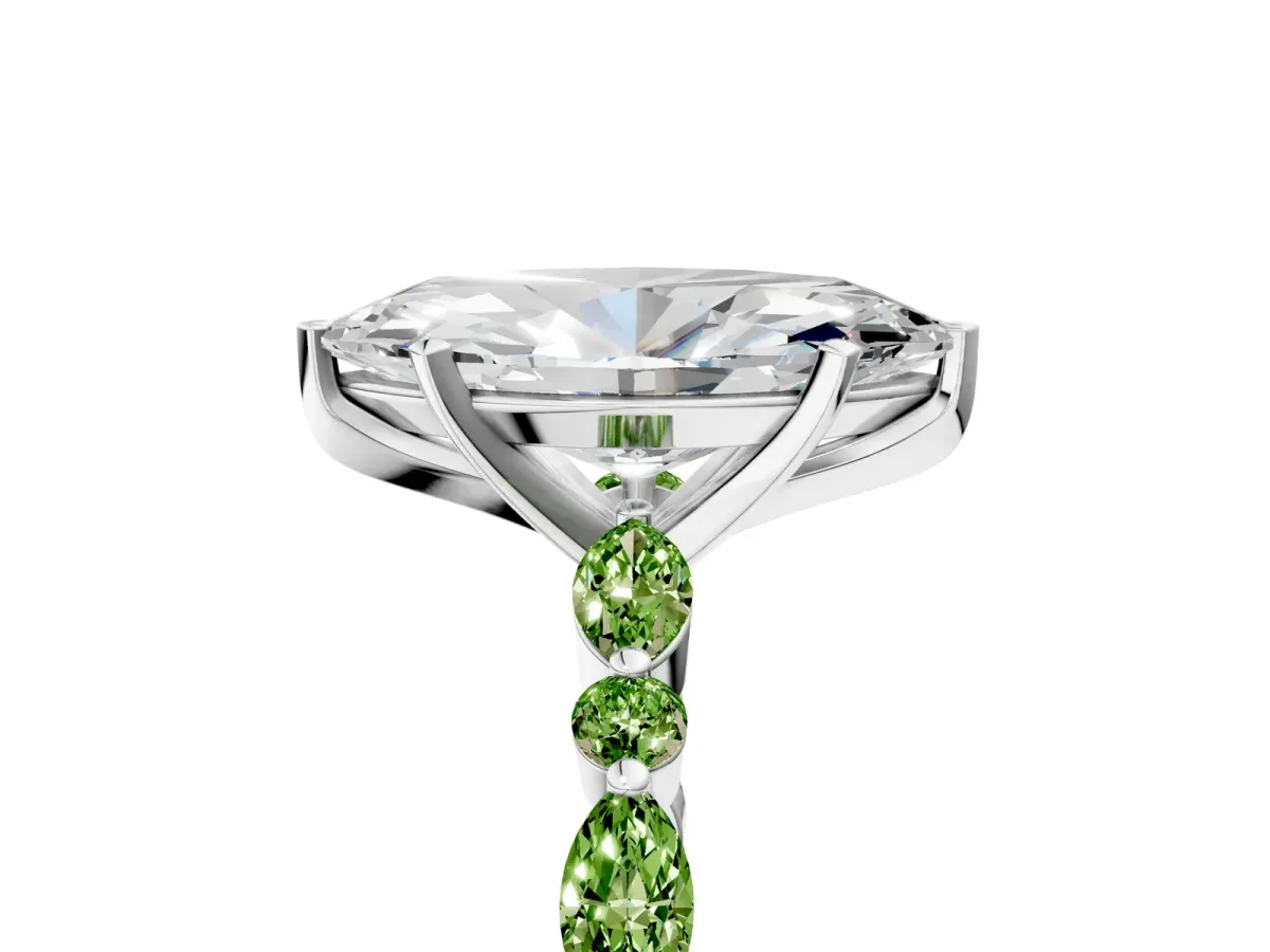 Marquise Cut Diamond Ring with Marquise and Round Peridot Side Stones and Four-Prong Setting Silver