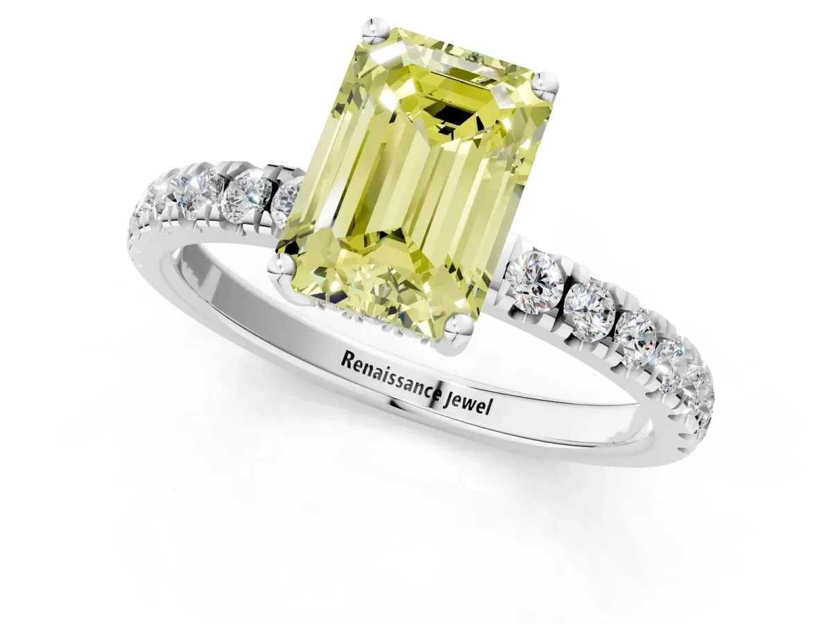 Fancy Yellow Emerald Cut Diamond Pave Band Solitaire Ring with Round and Prong Setting Silver