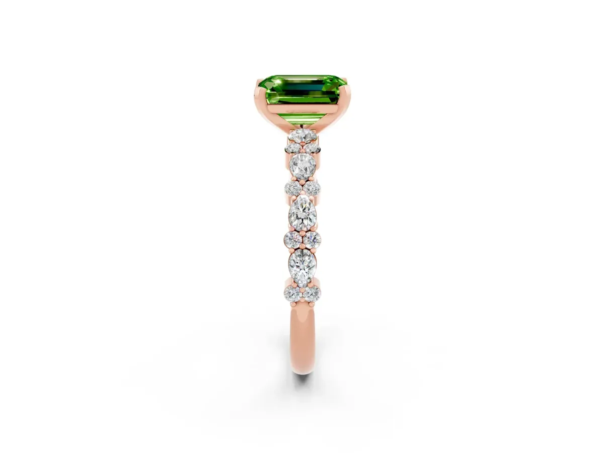 Emerald Cut Peridot Side Stone Solitaire Ring with Round and Four-Prong Setting Rose gold