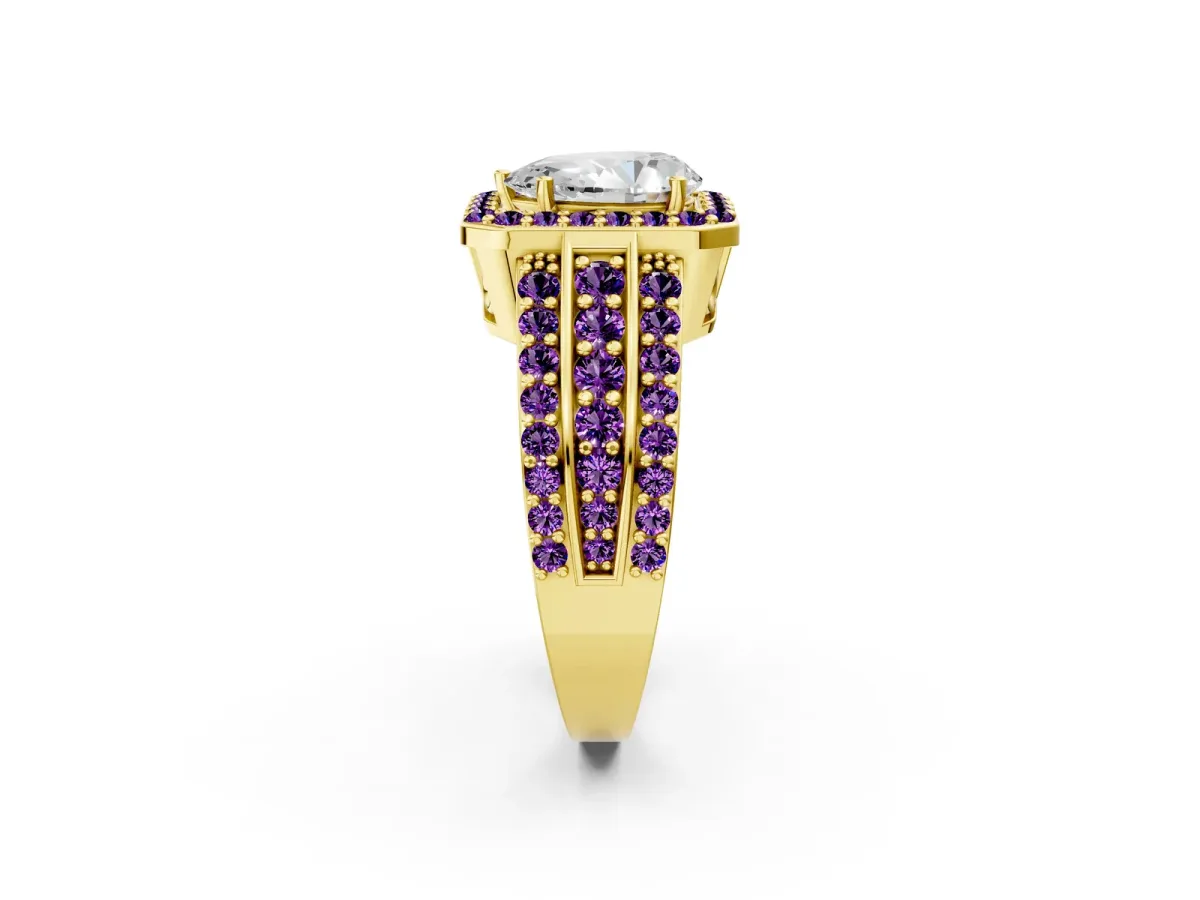 Pear Cut Halo Diamond Ring with Round Amethyst Split Shank and Prong Setting Yellow gold