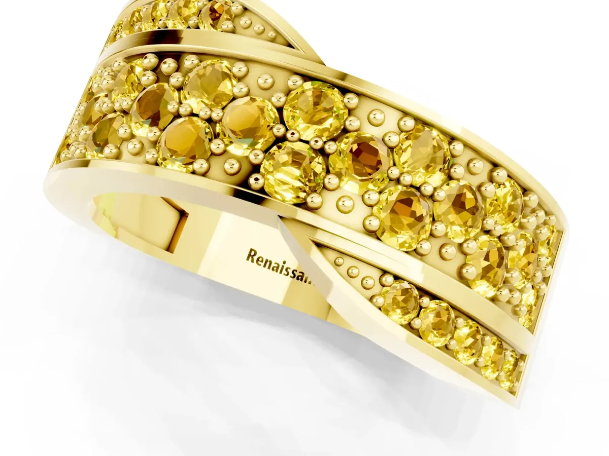 Pavé Round Yellow Sapphire Crossover Band with Bead Prong Setting Yellow gold
