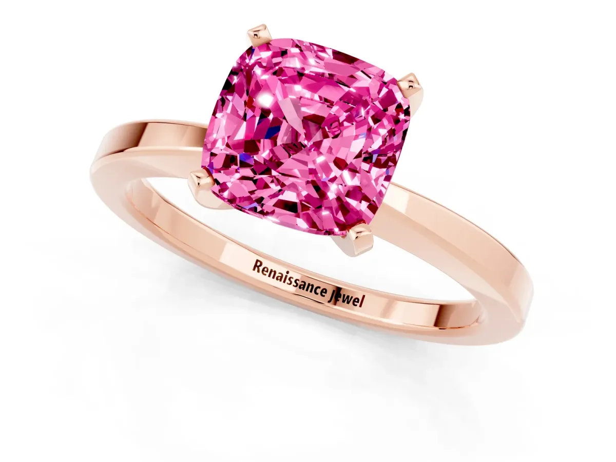 Cushion Cut Pink Sapphire Solitaire Engagement Ring with Classic Band and Four-Prong Setting Rose gold