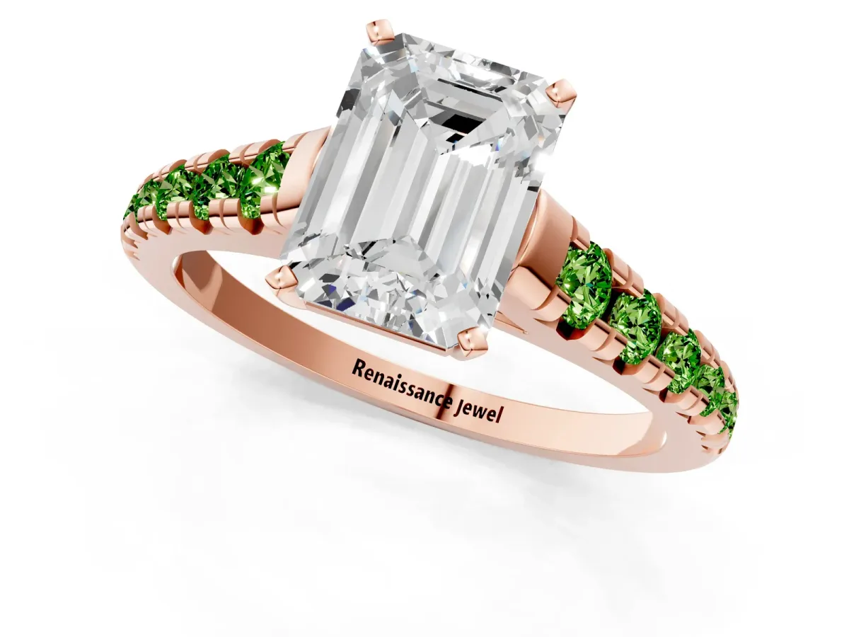 Emerald Cut Diamond Cathedral Solitaire Ring with Round Peridot Pavé Band Rose gold